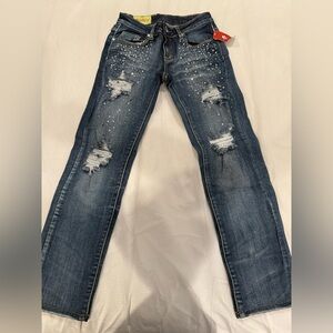 Jeans with rhinestone detail and distress straight leg/boot cut size 5 with tags
